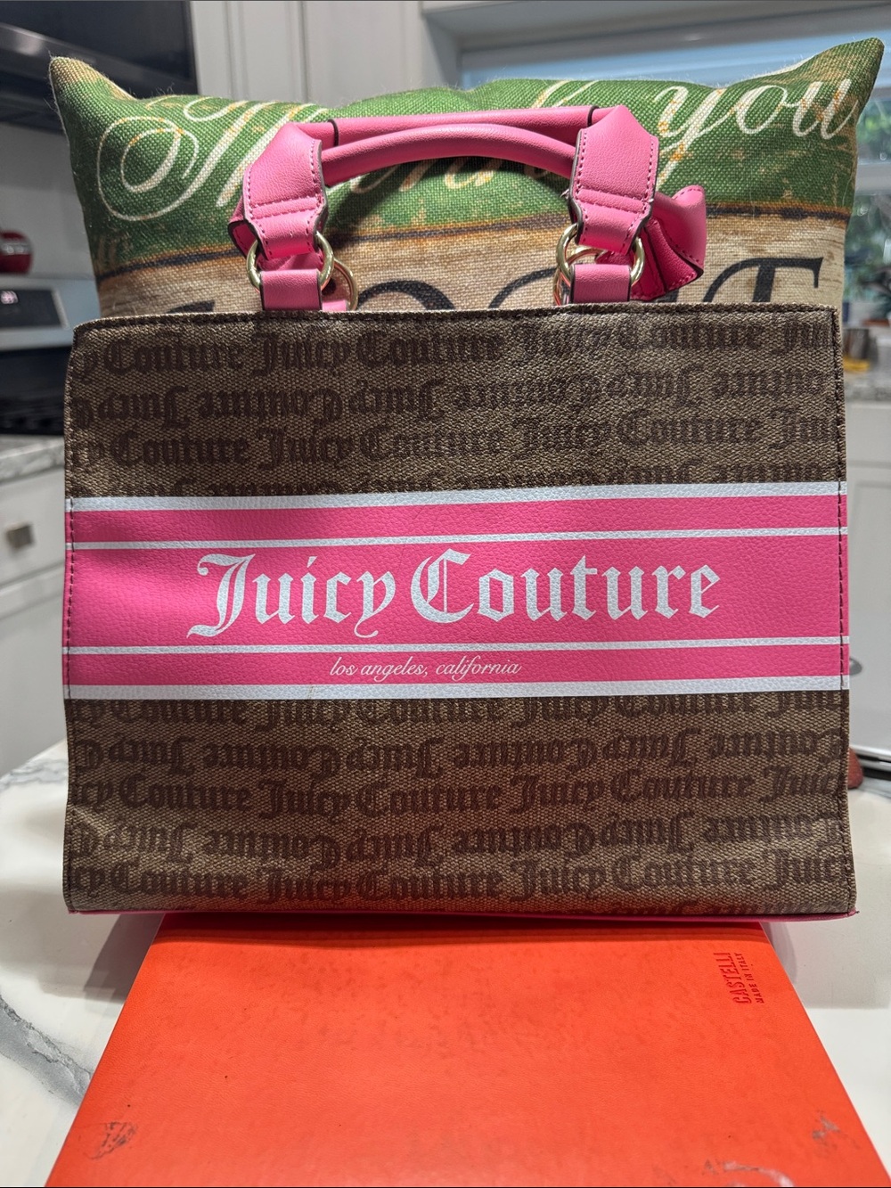 Juicy Couture Brown and Pink Logo Tote with Top Handles